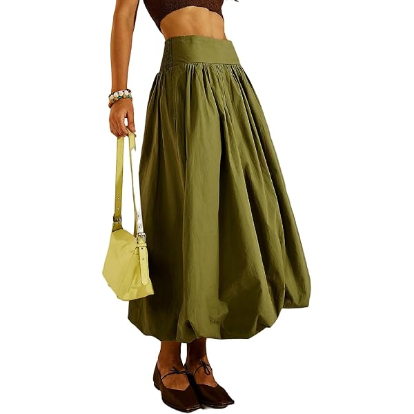 NUFIWI Women Y2k Bubble Maxi Skirt Low Elastic Waist A Line Long